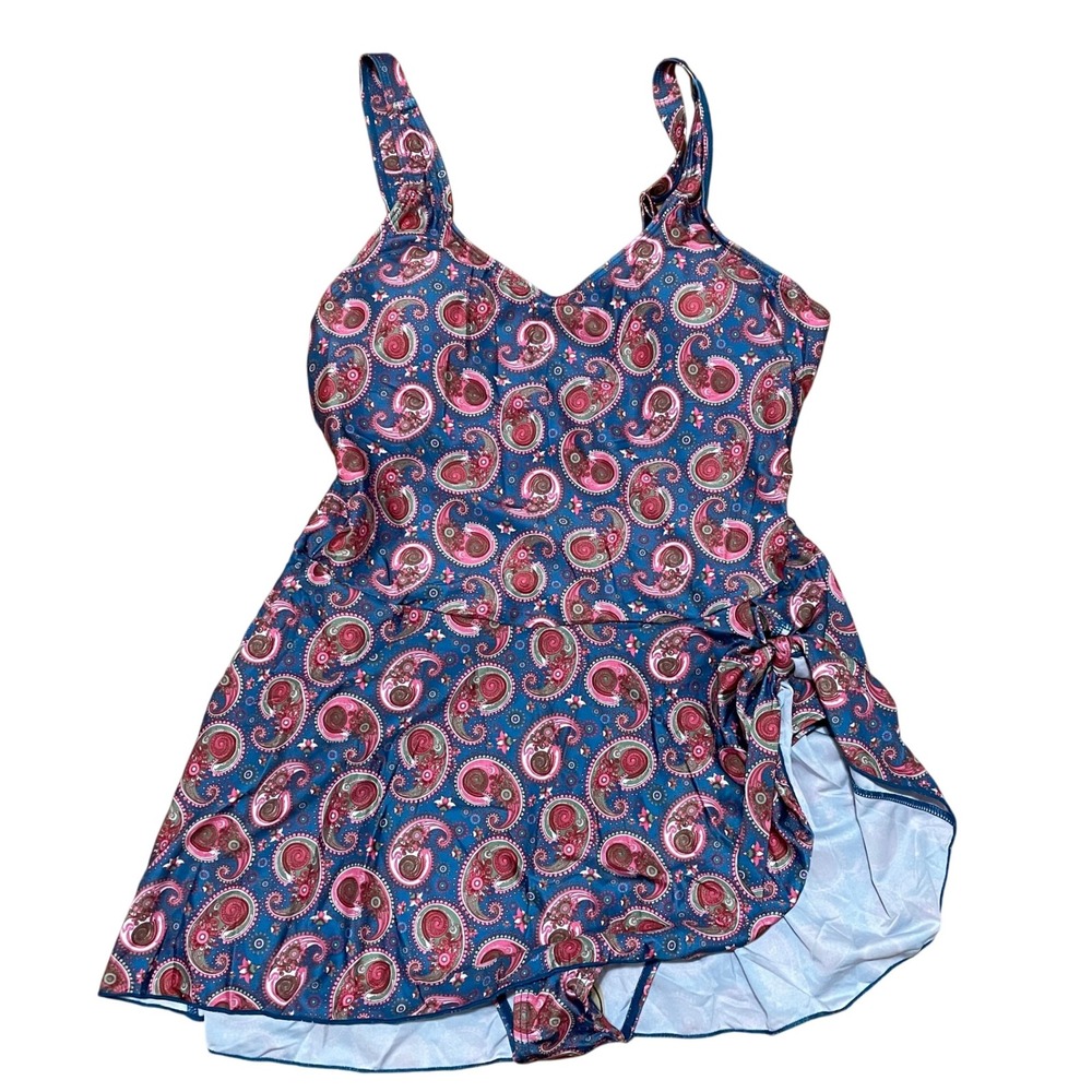 AIMAGE Pink Blue Paisley One‎ Piece Swim Dress Adjustable Straps Women's XL NWT